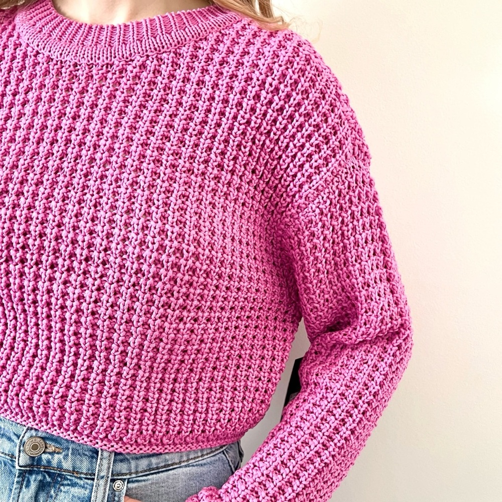 Rd Style Darla Crewneck‎ Cropped Sweater Women's Size Medium Pink Crochet Knit - Picture 2 of 10